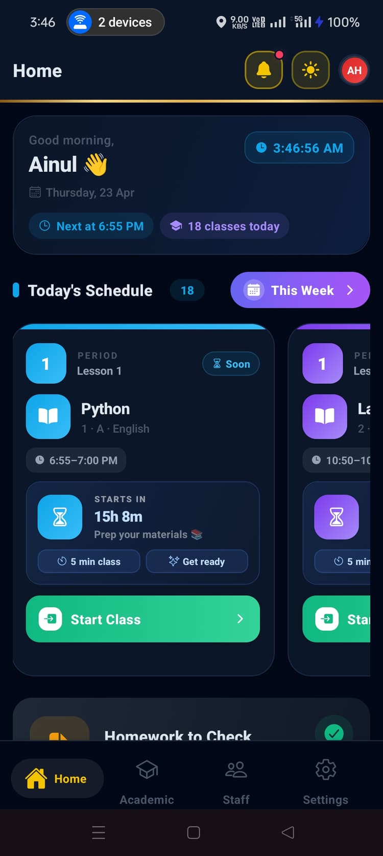 Good morning, teacher — 18 classes today