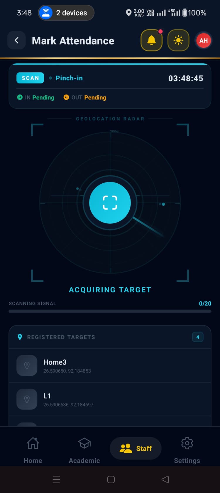 Geolocation radar — scanning for campus