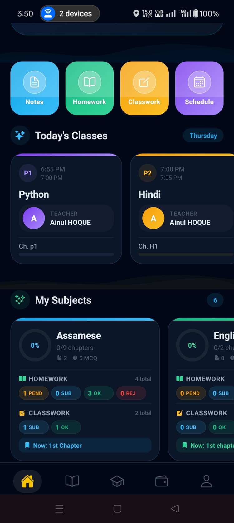 Today's classes + every subject status