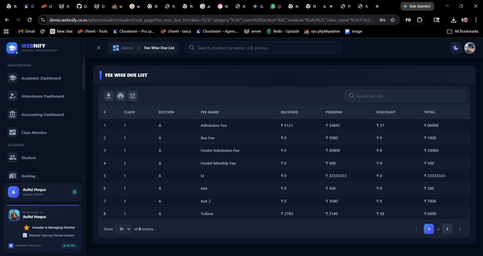 Fee Wise Due List — per-fee, per-class
